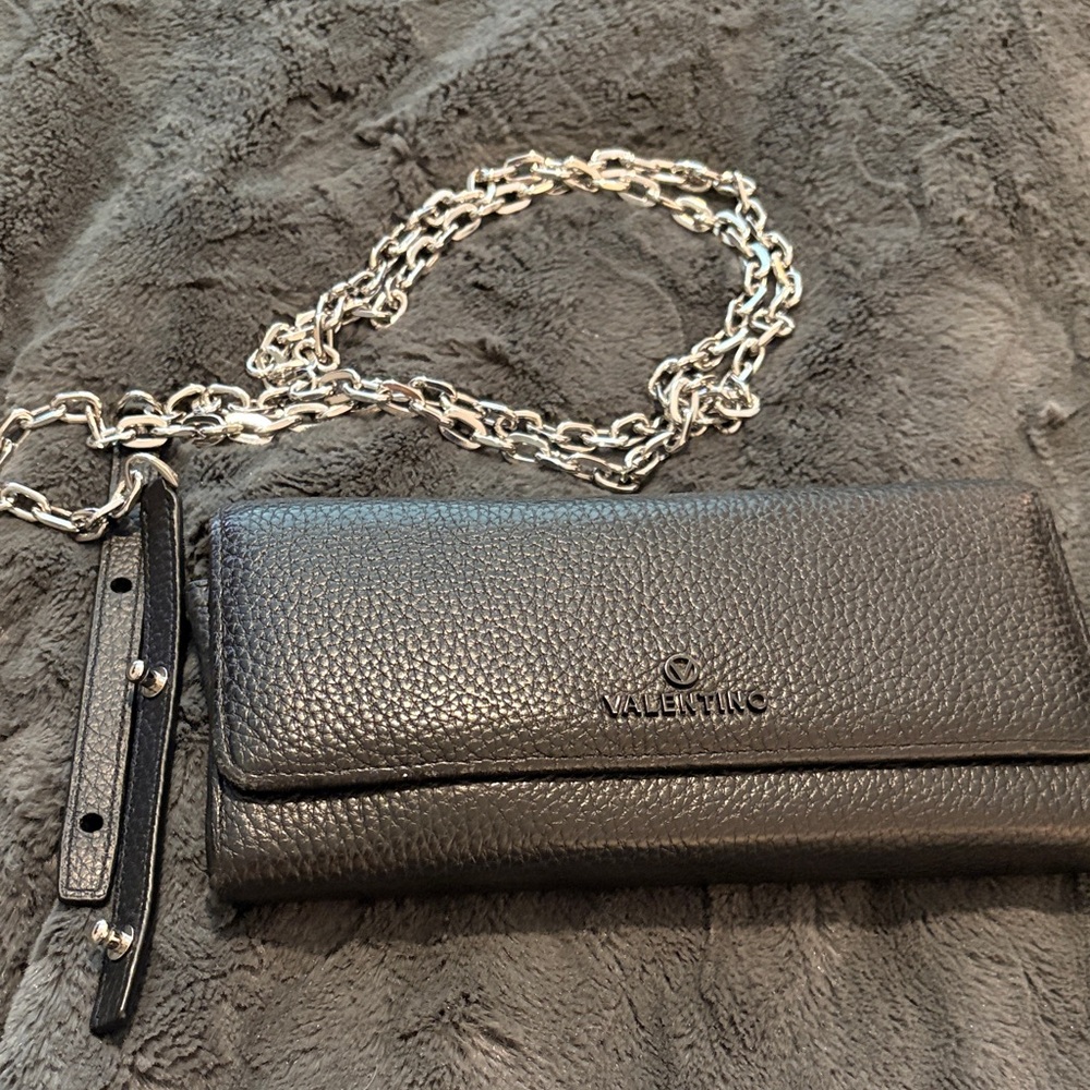 Valentino Black Textured Wallet with Silver Chain